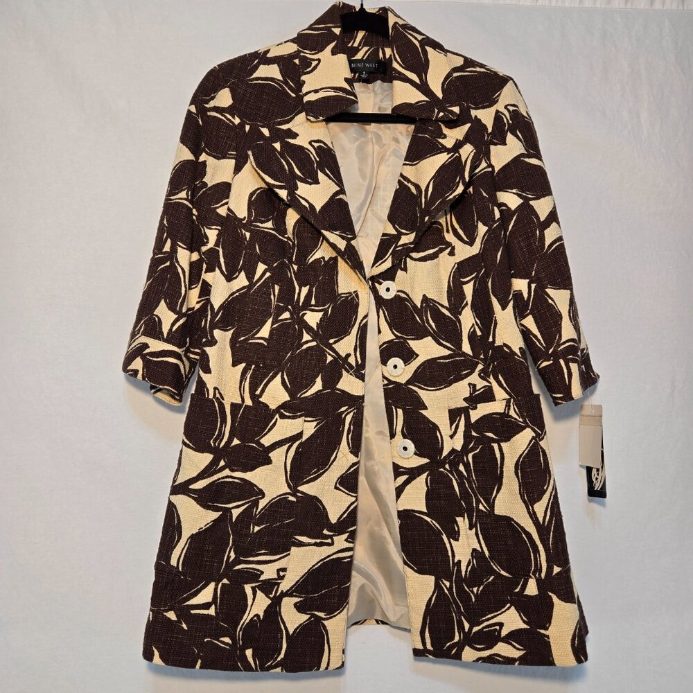 NINE WEST Coquette Girl Boho Ivory & Brown Floral Tweed Coat Jacket Size S NEW! - Picture 2 of 16